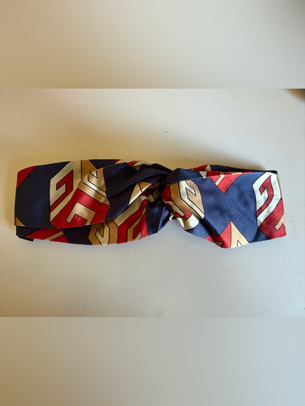 Gucci Navy Silk Head Scarf with Red and Gold Geometric Motif